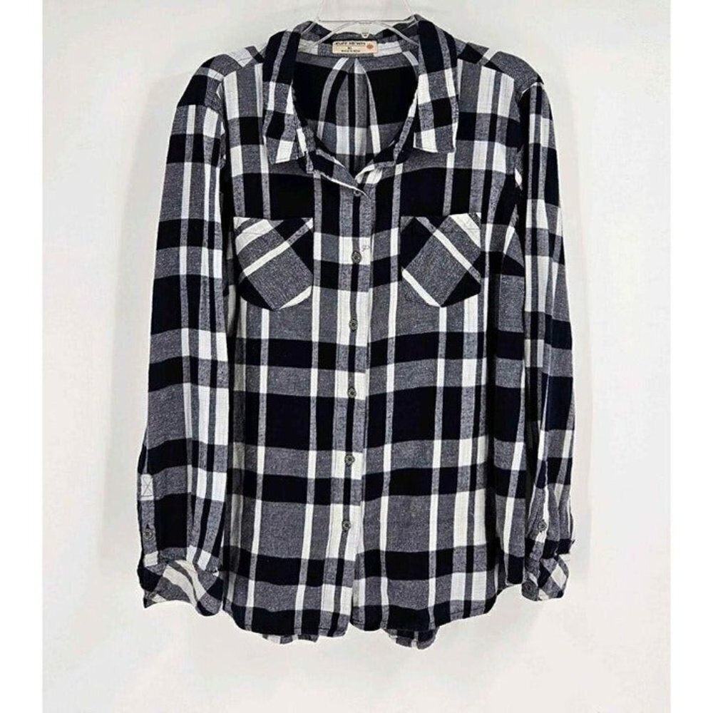 Ruff Hewn Womens Cotton Plaid Blue White Button Front Split Back Top Sz XL